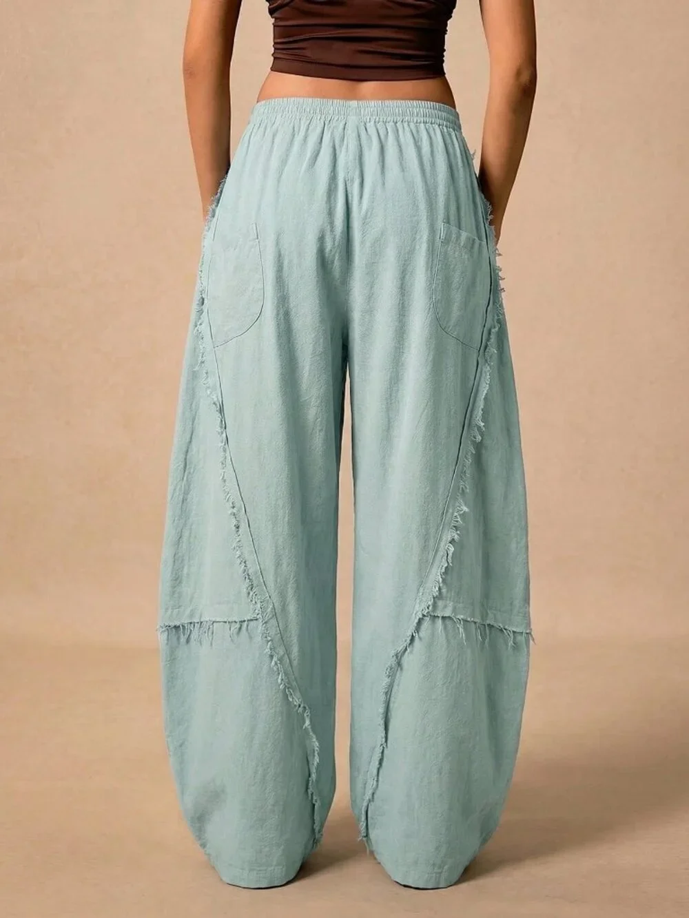 Green Casual Western Bohemian Women's Pants Cropped Hem Curved Knife Design